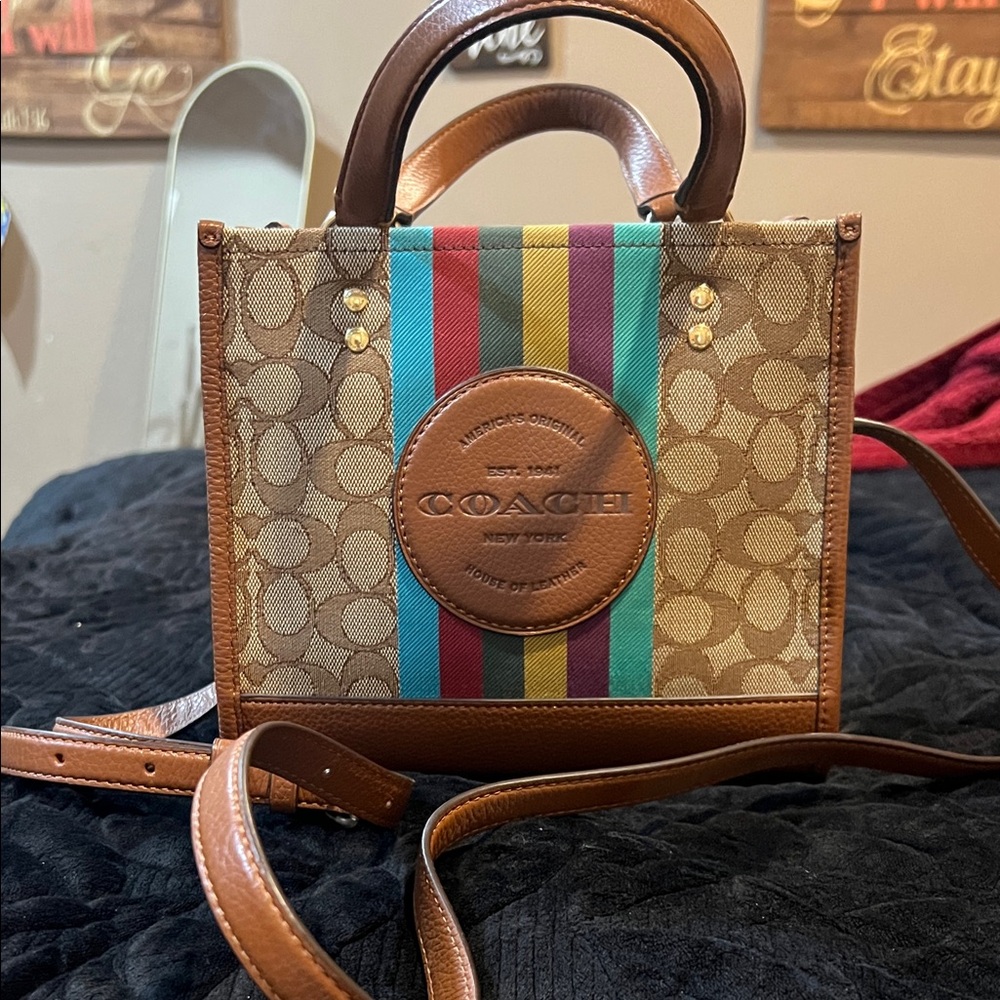 Coach Tan and Multicolor Stripe Tote